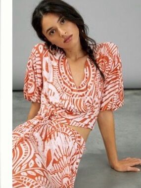 Anthropologie Boho Batik Orange and White Printed Midi Skirt Set